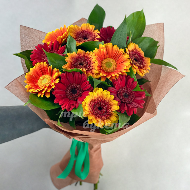 Букет из 11 оранжевых и красных гербер